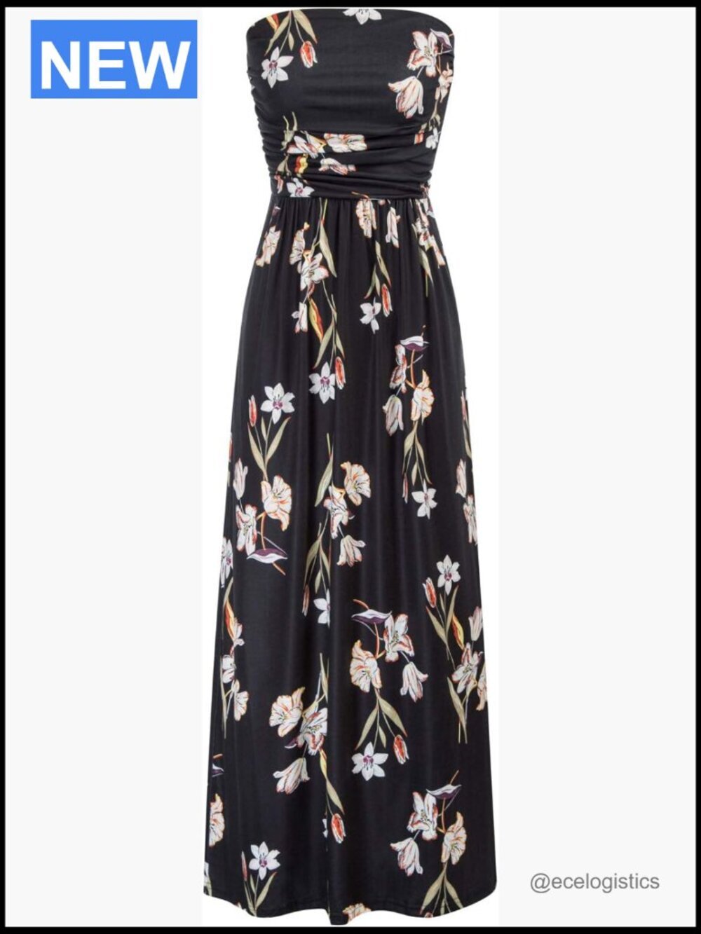 Strapless Maxi Dress Casual Loose Ruched Long Dress with Pockets